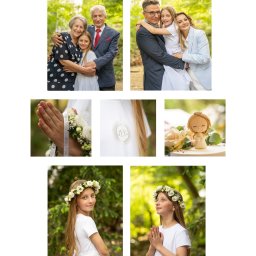 MAGDALENA SOBIERAJSKA FOTOGRAFIA - Kolaż zdjęć z uroczystości Pierwszej Komunii Świętej Hani: portrety z rodziną, zbliżenie dłoni w modlitwie, detale stroju z symbolem IHS i figurka aniołka na torcie.