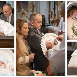 MAGDALENA SOBIERAJSKA FOTOGRAFIA - Kolaż zdjęć z uroczystości chrztu: rodzice z dzieckiem, ksiądz udzielający sakramentu, świeca chrzcielna.