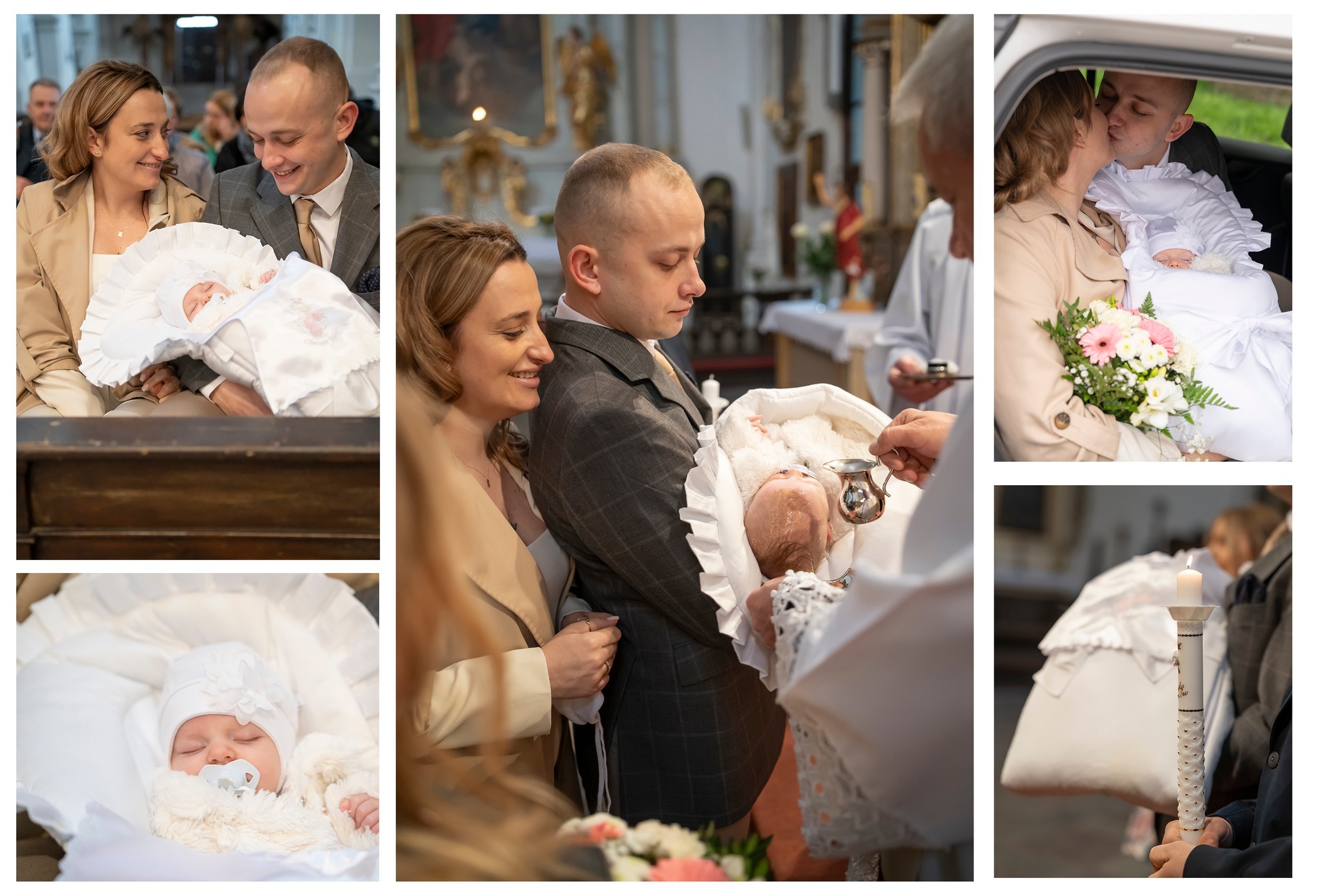Kolaż zdjęć z uroczystości chrztu: rodzice z dzieckiem, ksiądz udzielający sakramentu, świeca chrzcielna.