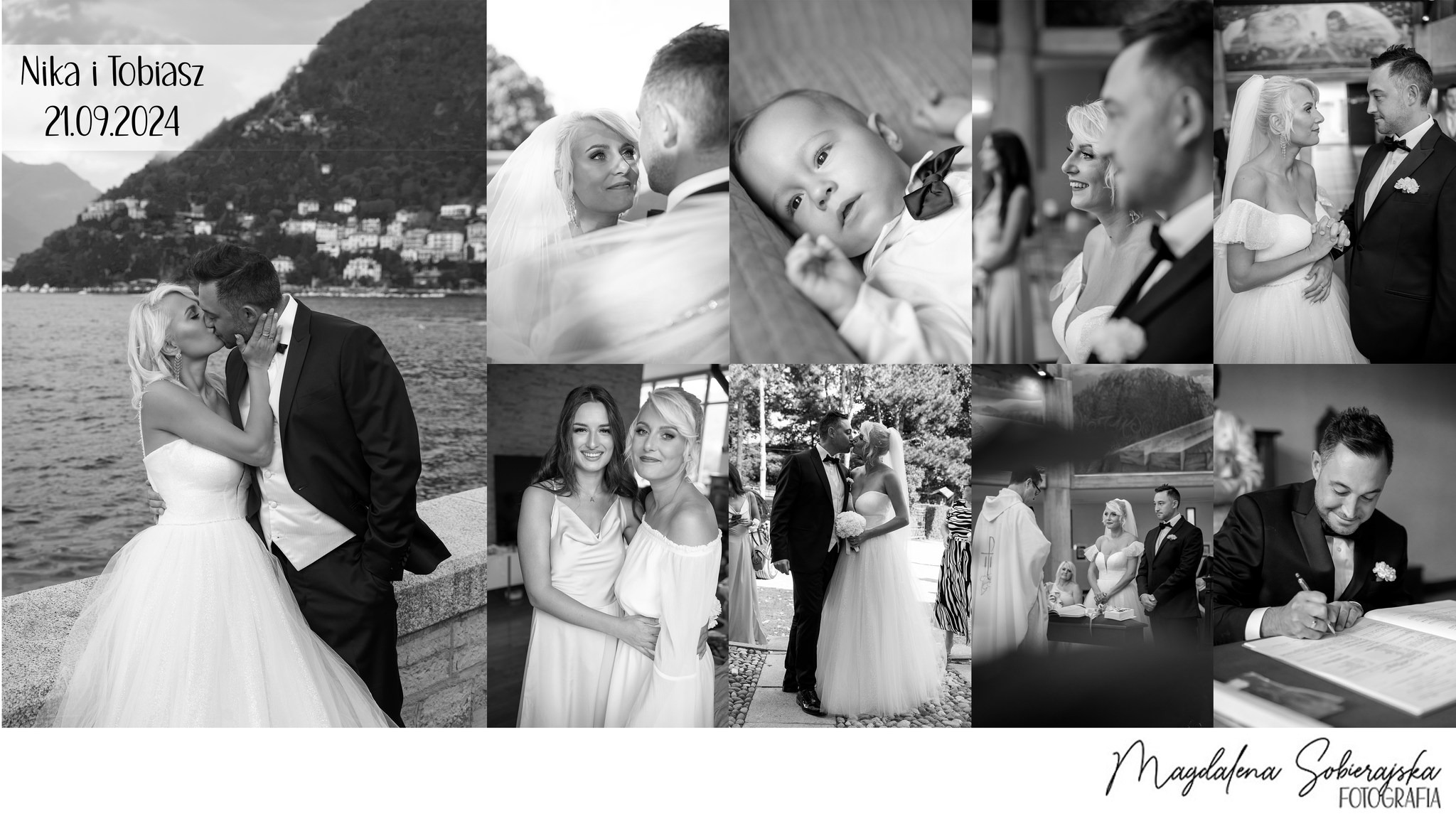 Czarno-biała mozaika z kadrów ślubnych: pocałunek pary na tle jeziora, portret dziecka w muszce, panna młoda z druhną, ceremonia ślubna w kościele i podpis pana młodego w księdze.