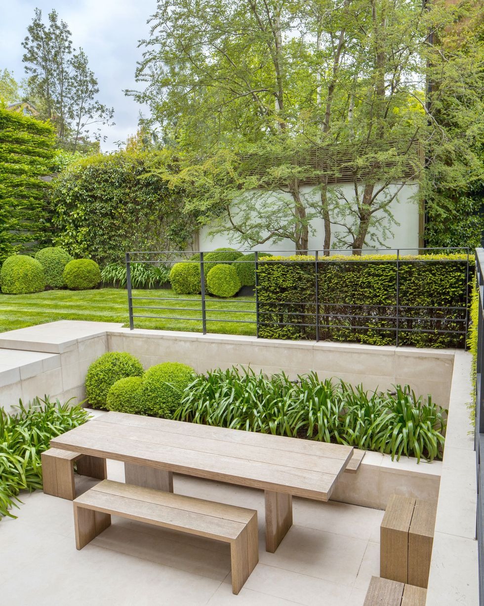 Nowoczesny ogród z geometrycznymi nasadzeniami: kuliste krzewy, strzyżony żywopłot oddzielony metalową barierką, podwyższona rabata z roślinami ozdobnymi oraz drewniany stół z ławkami na jasnym...