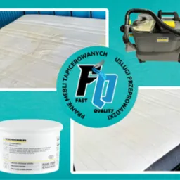 Kolaż przedstawiający materac przed i po czyszczeniu, odkurzacz piorący Karcher oraz środek czyszczący CarpetPro RM 760 Classic, otoczone napisem 'PRZED' i 'PO' oraz logo firmy.