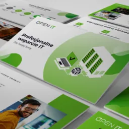 Koncepcja graficzna materiałów reklamowych z logo Open IT, prezentująca profesjonalne wsparcie IT dla firm, z motywami serwerów, laptopa i kostki z symbolami, na białym tle.