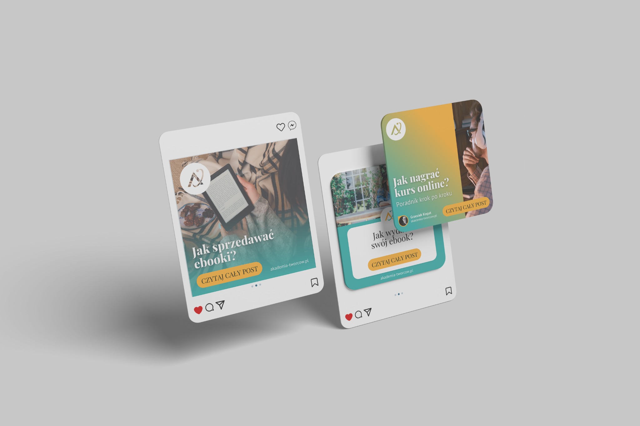 Dwa wizualizacje postów w stylu Instagrama z gradientowym tłem i logo firmy. Lewy post promuje sprzedaż ebooków, a prawy nagrywanie kursów online.