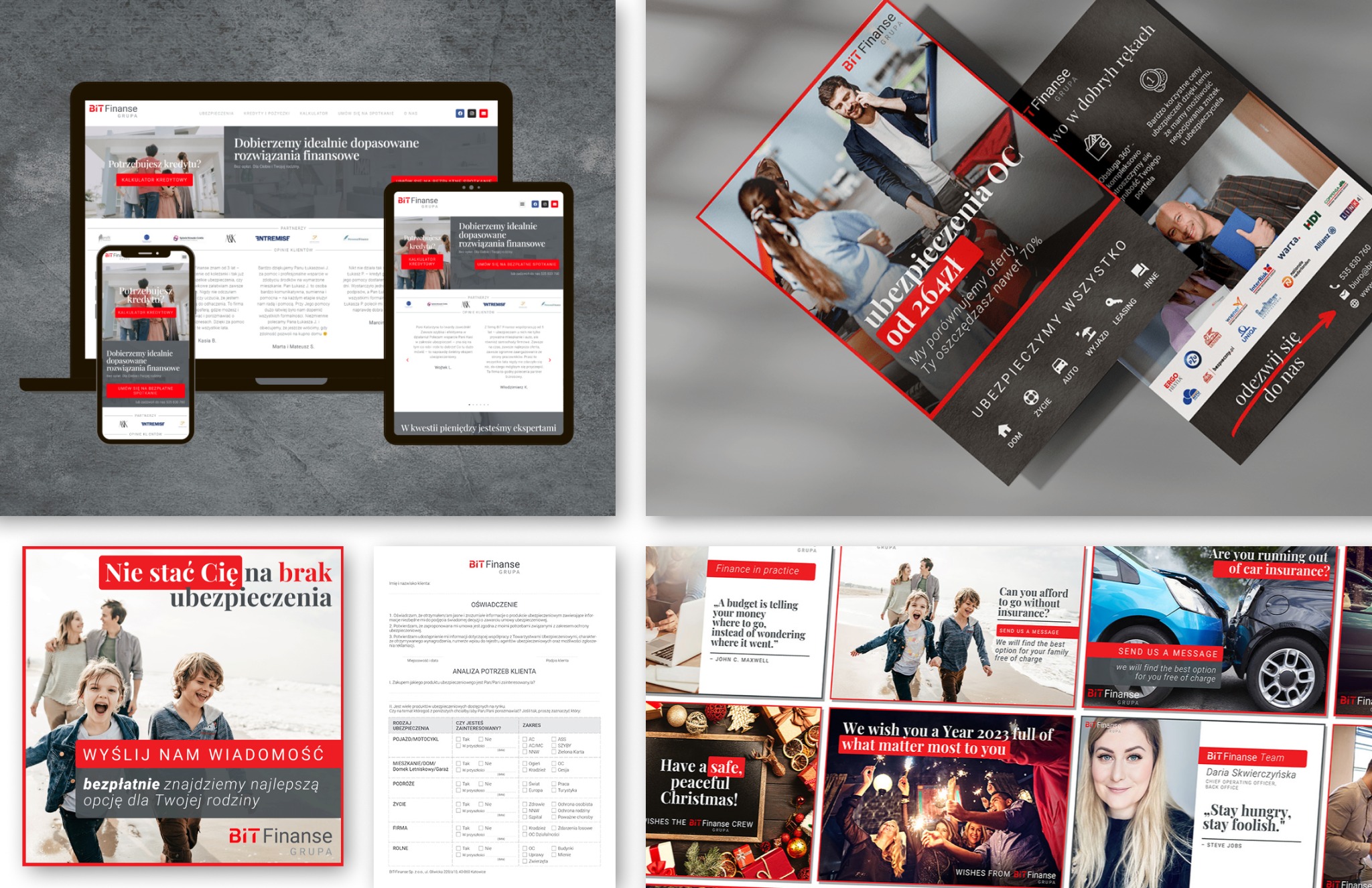 Zestaw materiałów reklamowych Bit Finanse, w tym ulotki, wizytówki, oraz prezentacja strony internetowej na laptopie i smartfonie, promujące ubezpieczenia i rozwiązania finansowe.