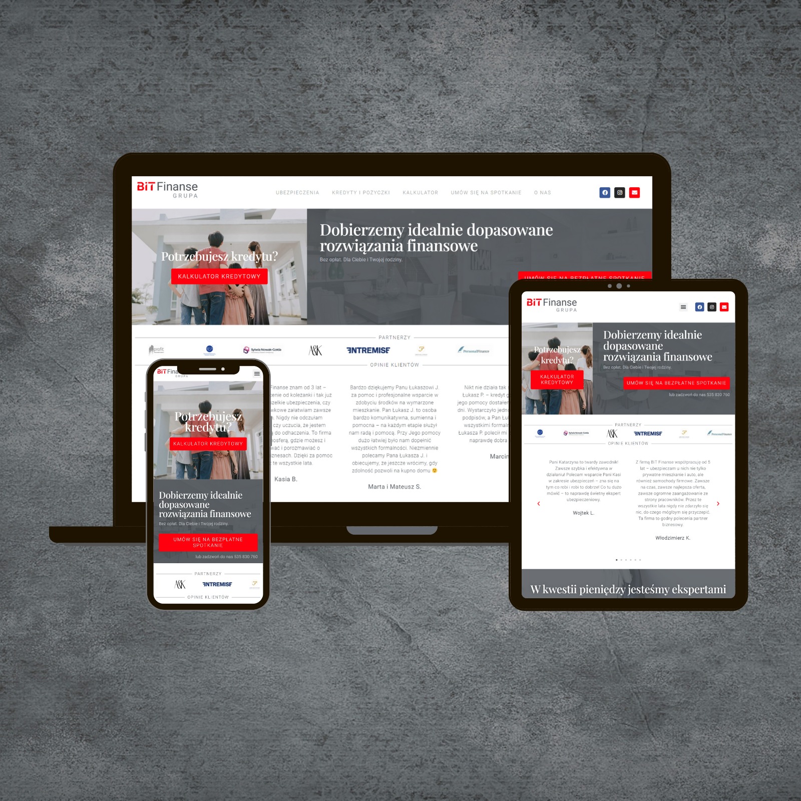 Responsywna strona internetowa firmy finansowej Bit Finanse, wyświetlana na laptopie, tablecie i smartfonie z identyczną treścią i układem, podkreślająca dostępność na różnych urządzeniach.