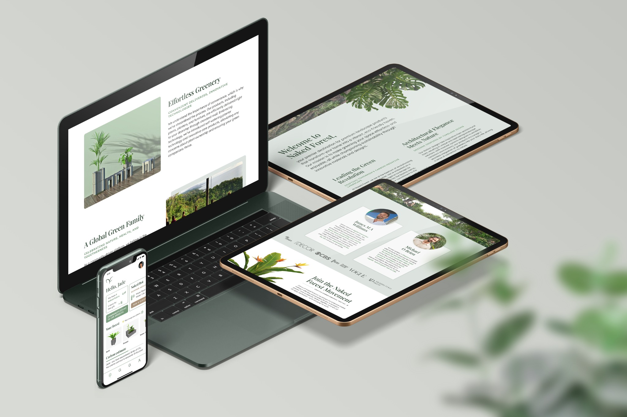 Kompozycja z laptopa, tabletu i smartfona prezentujących interfejs strony internetowej o tematyce roślinnej i ekologicznej, z widocznymi elementami graficznymi i tekstowymi.