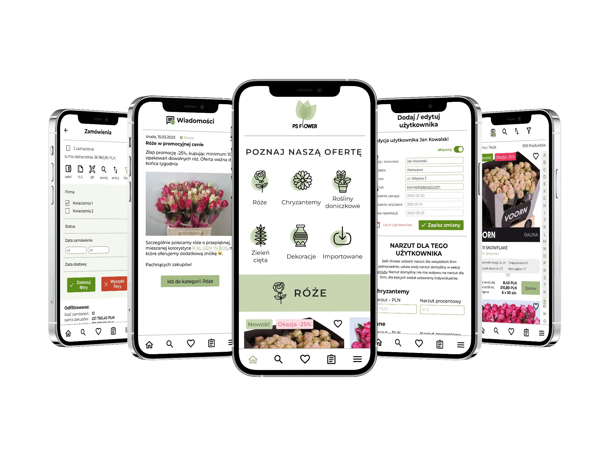 Aplikacja mobilna PS Flower na kilku telefonach prezentuje ofertę kwiatów, w tym róże w promocji, chryzantemy i rośliny doniczkowe, z opcjami filtrowania zamówień i edycji danych użytkownika.