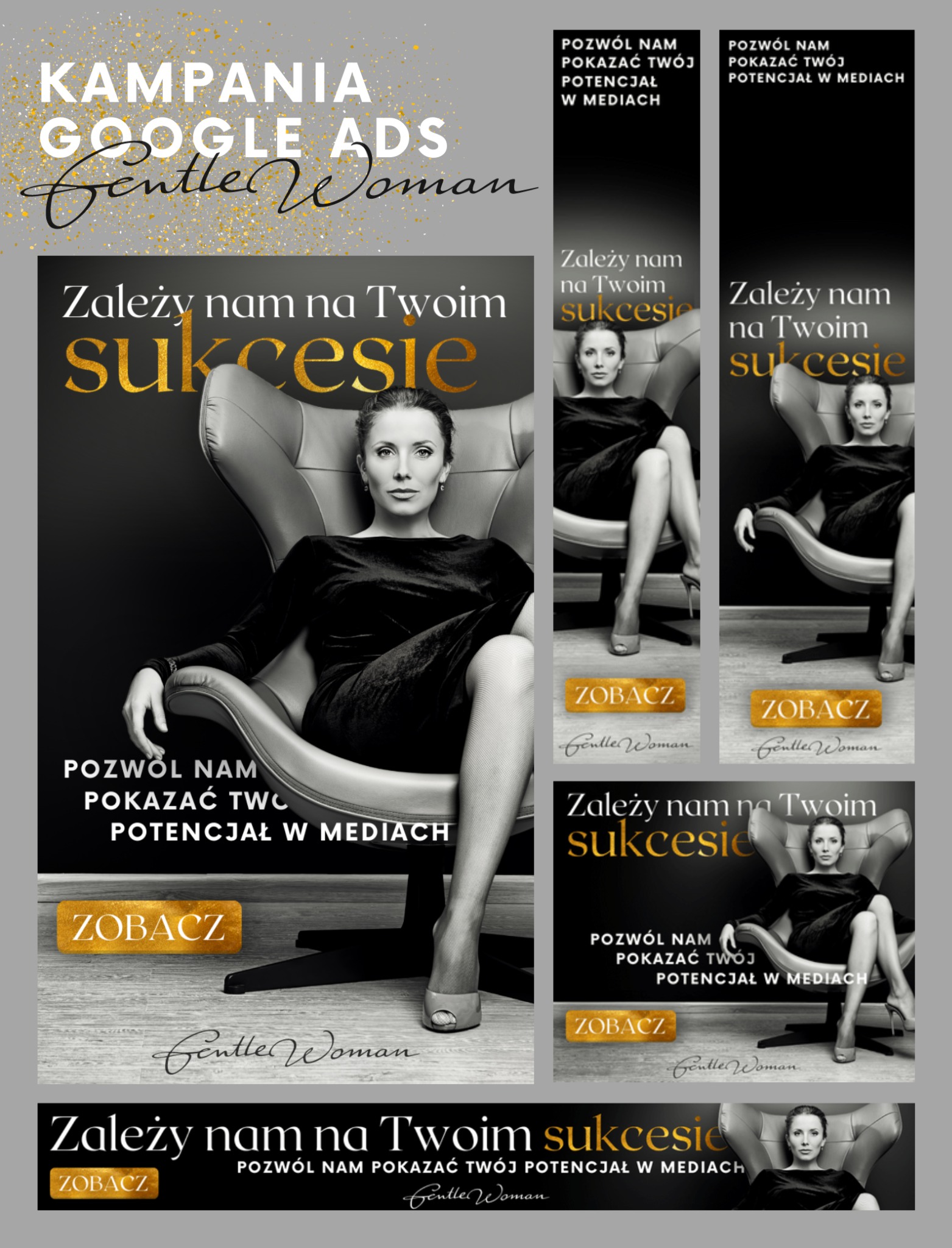 Seria banerów reklamowych w Lekartowie z elegancką kobietą w fotelu, promująca kampanię Google Ads i potencjał w mediach dla Gentle Woman.