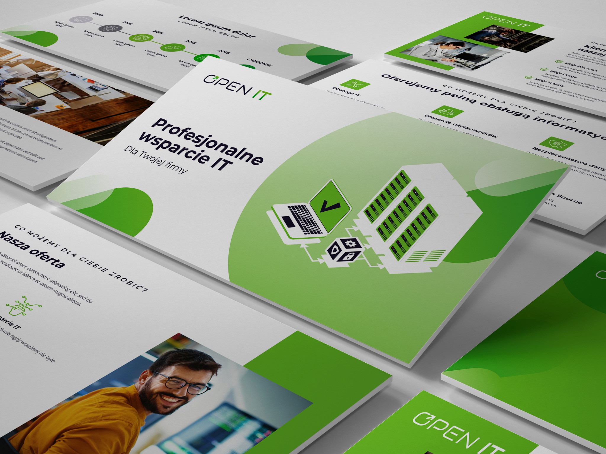 Koncepcja graficzna materiałów reklamowych z logo Open IT, prezentująca profesjonalne wsparcie IT dla firm, z motywami serwerów, laptopa i kostki z symbolami, na białym tle.