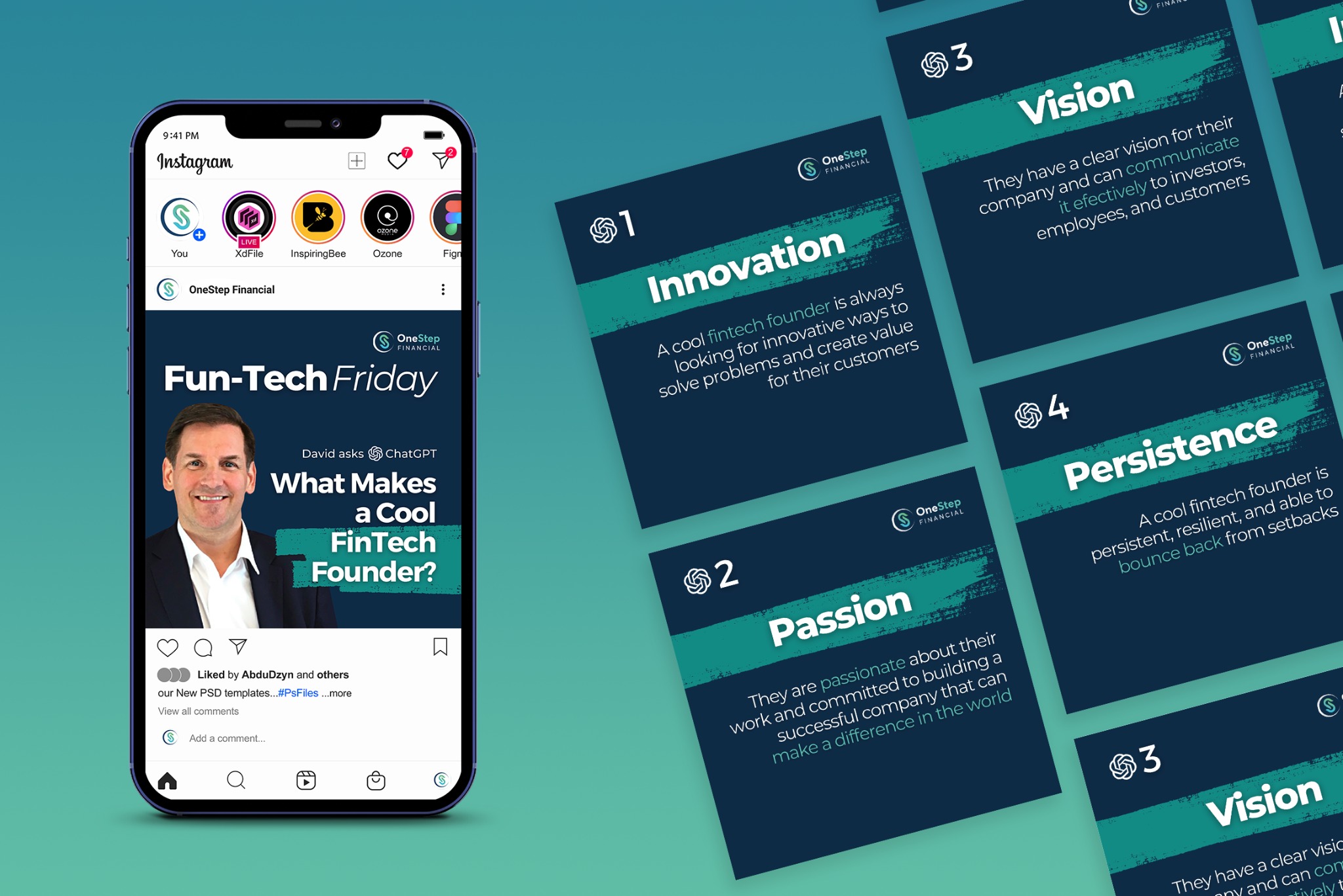 Ekran smartfona wyświetlający post na Instagramie z pytaniem 'Co tworzy fajnego założyciela FinTech?', obok karty z hasłami: Innowacja, Pasja, Wizja, Wytrwałość, na tle w odcieniach turkusu.