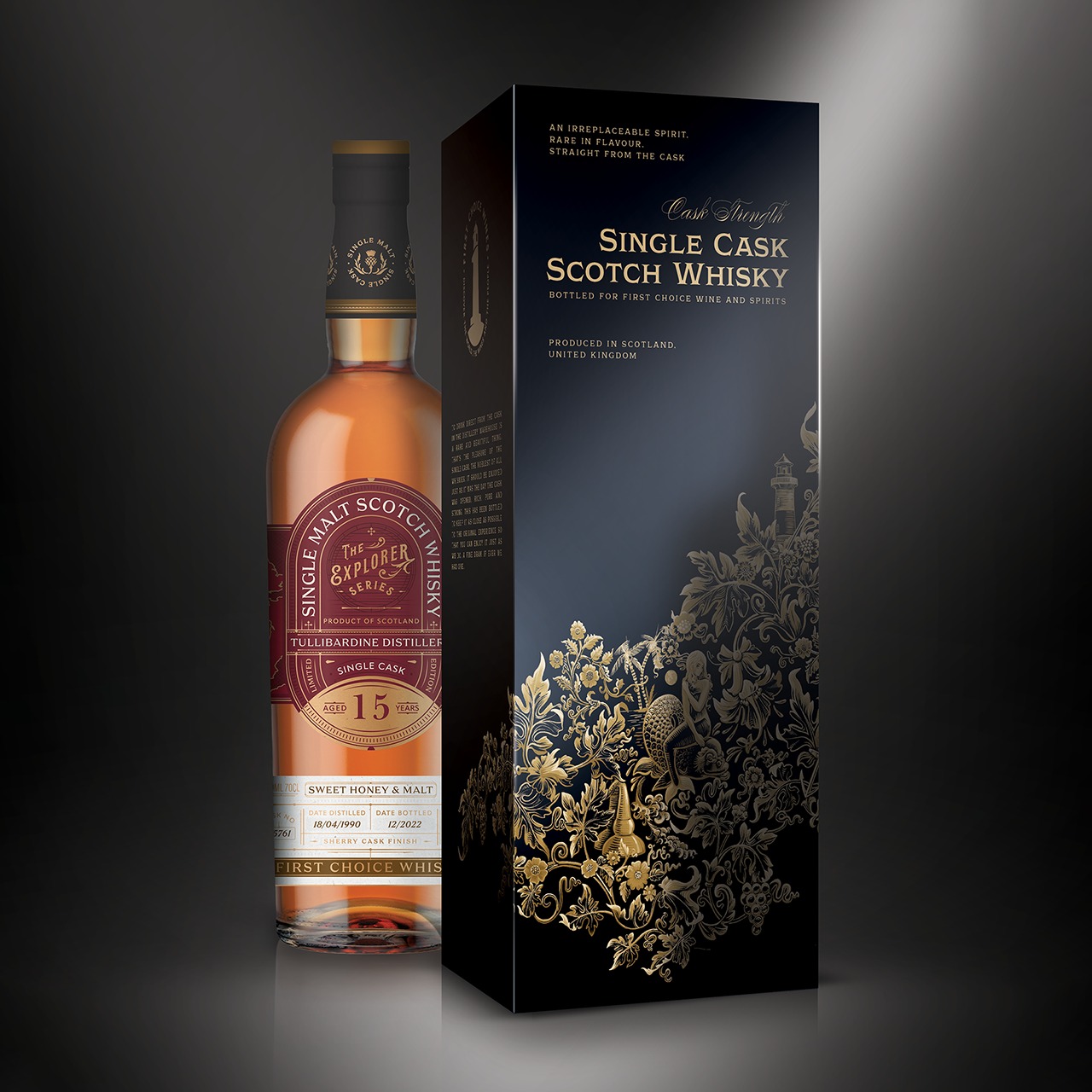 Butelka 15-letniej whisky Single Malt Scotch Whisky The Explorer Series Tullibardine Distillery w eleganckim opakowaniu z motywami morskimi w kolorze złotym na czarnym tle.