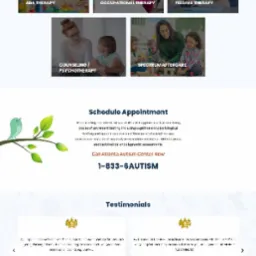 Strona internetowa centrum terapii dla dzieci z autyzmem, z nagłówkiem przedstawiającym bawiące się dzieci na tle zieleni, sekcją z usługami terapeutycznymi, informacjami o zespole i danymi...