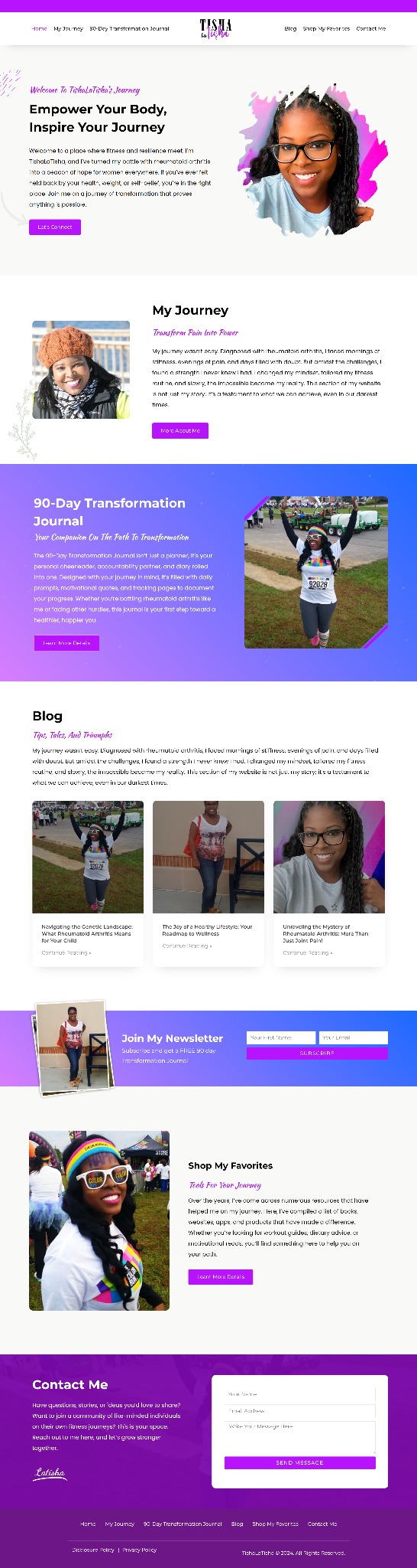 Zdjęcie przedstawia fragment strony internetowej z nagłówkiem 'Empower Your Body, Inspire Your Journey', zdjęciem uśmiechniętej kobiety w okularach oraz sekcje bloga i zapisu do newslettera.