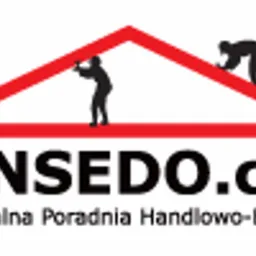 Logo firmy KONSEDO.com, profesjonalna poradnia handlowo-budowlana, z sylwetkami dwóch osób pracujących na czerwonym zarysie dachu.