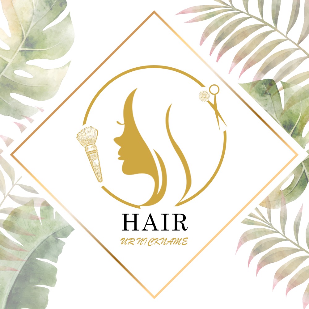 Złote logo salonu fryzjerskiego z profilem kobiety, pędzlem do makijażu i nożyczkami na tle akwarelowych liści palmowych w ramie.