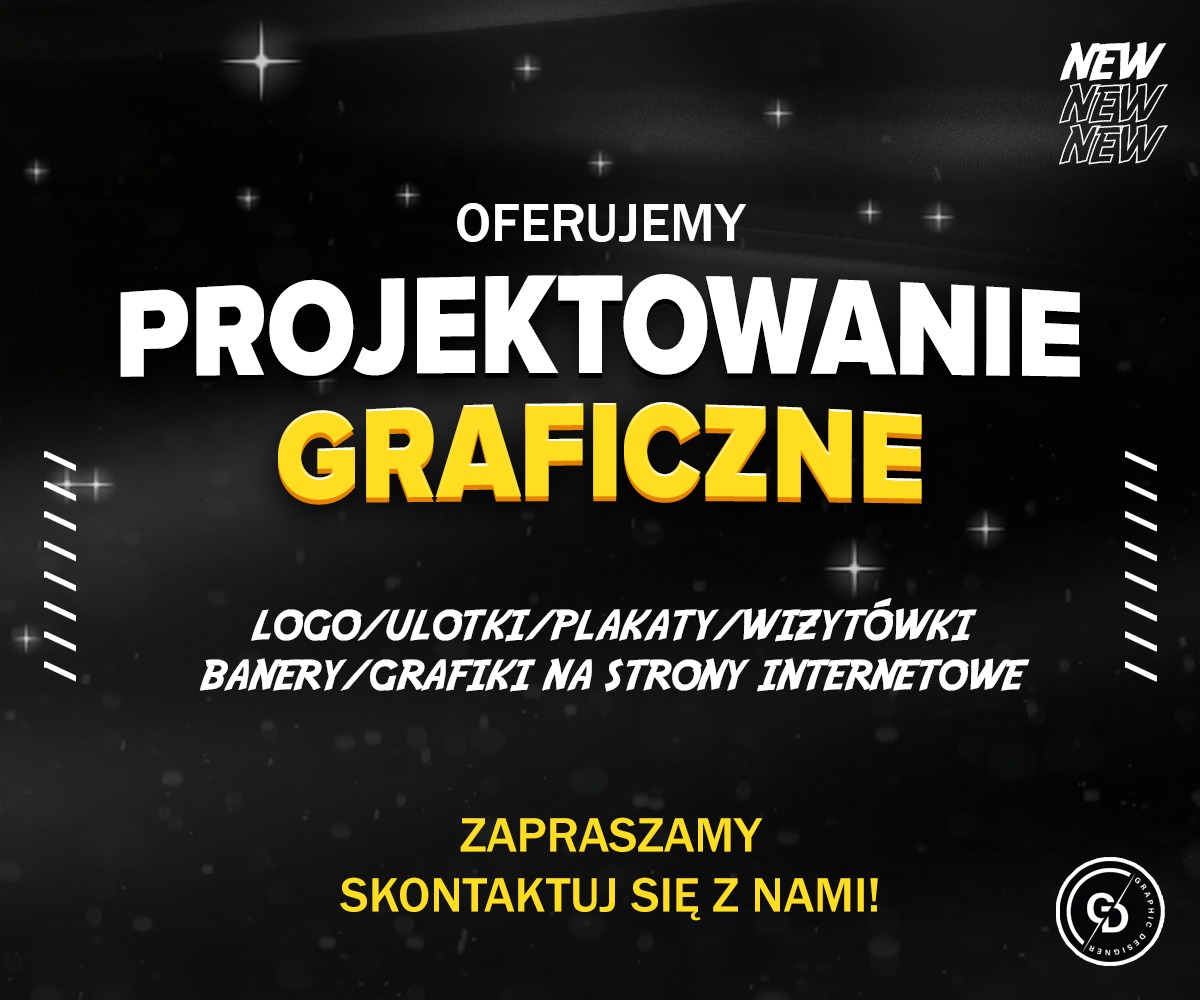 Czarno-złote ogłoszenie o projektowaniu graficznym, ulotkach, plakatach, wizytówkach, banerach i grafikach na strony internetowe, z zaproszeniem do kontaktu.