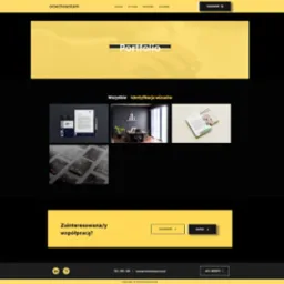 Ekran portfolio strony internetowej orzechowskam.com.pl, prezentujący przykłady identyfikacji wizualnej, w tym wizytówki, papier firmowy, aranżacja biura i ulotki.