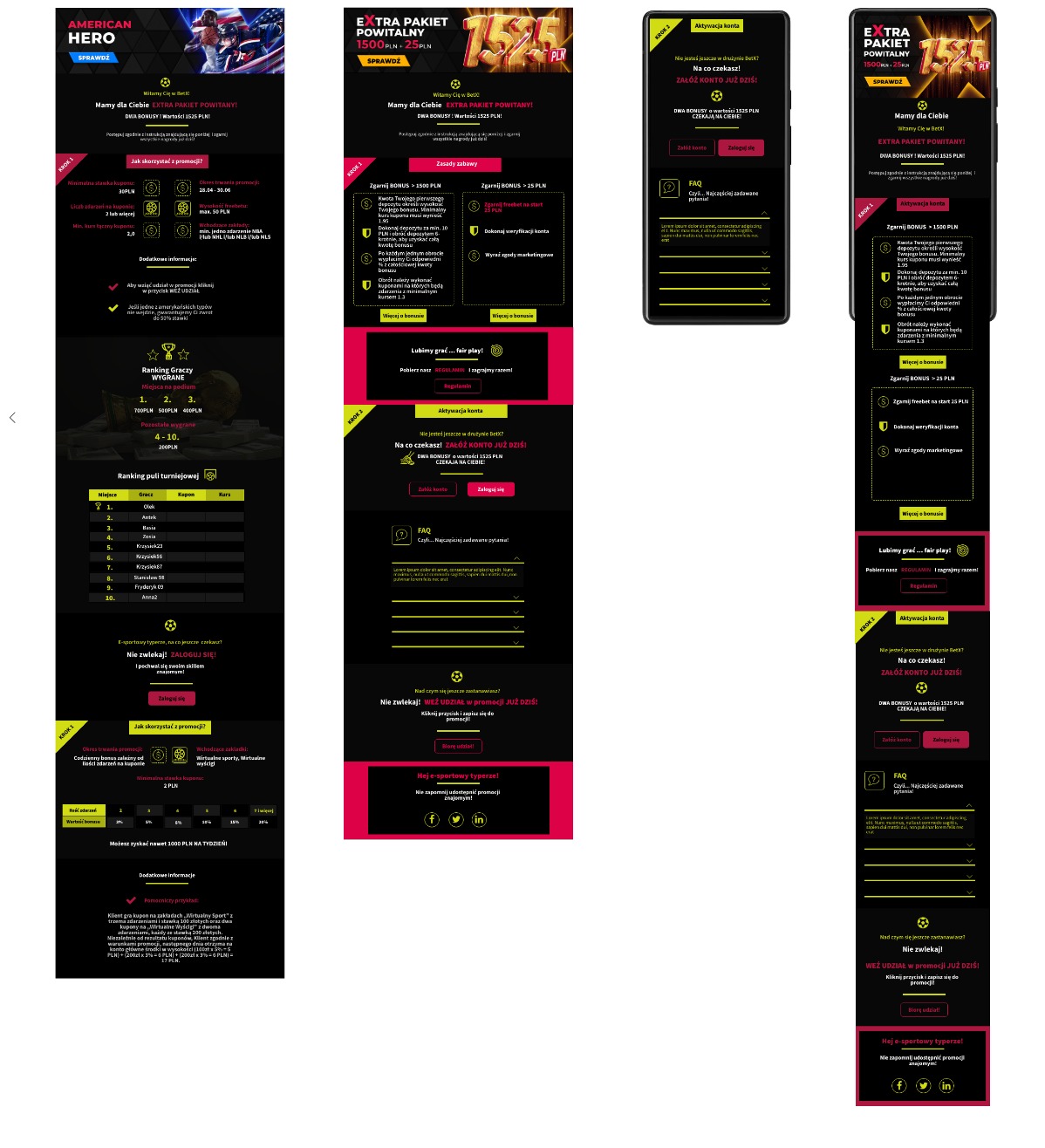 Zestawienie grafik interfejsu aplikacji bukmacherskiej BetX prezentujące promocje, rankingi graczy, zasady bonusów, panel aktywacji konta i sekcję FAQ, utrzymane w ciemnej kolorystyce z akcentami...