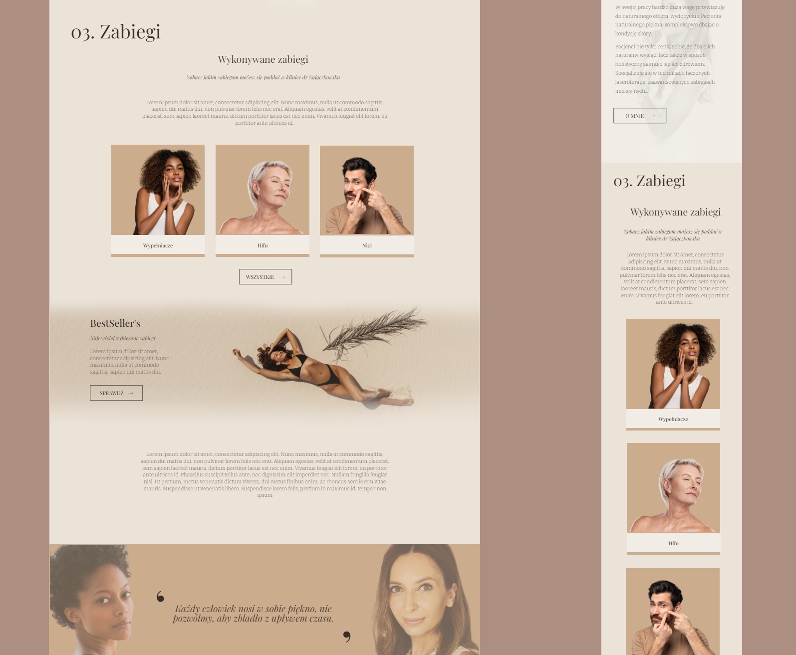 Projekt strony internetowej kliniki medycyny estetycznej dr Zajączkowska, prezentujący sekcję 'Zabiegi' z podziałem na wypełniacze, hifu i nici.