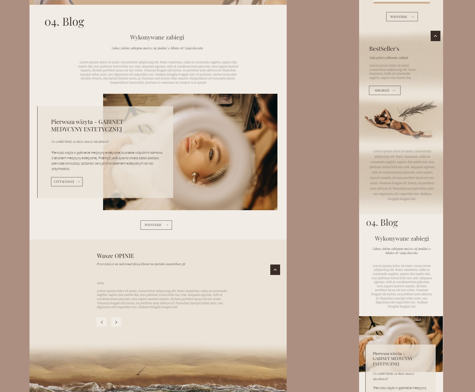 Fragment strony internetowej z artykułem o pierwszej wizycie w gabinecie medycyny estetycznej, widoczna twarz kobiety poddawanej zabiegowi w okrągłym oświetleniu.