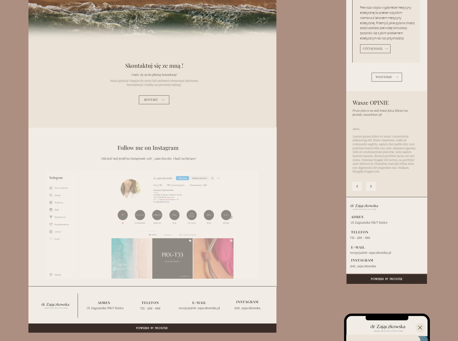 Odświeżony design strony internetowej dr Zajączkowskiej, widok na ekranie komputera prezentujący górną część strony z informacjami o bezpłatnej konsultacji i odnośnikiem do Instagrama.