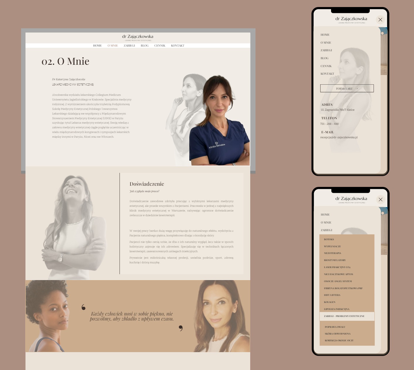 Prezentacja strony internetowej dr Zajączkowskiej, lekarza medycyny estetycznej, z widocznymi zakładkami: O Mnie, Zabiegi, Blog, Cennik, Kontakt, oraz wersja mobilna z listą zabiegów.