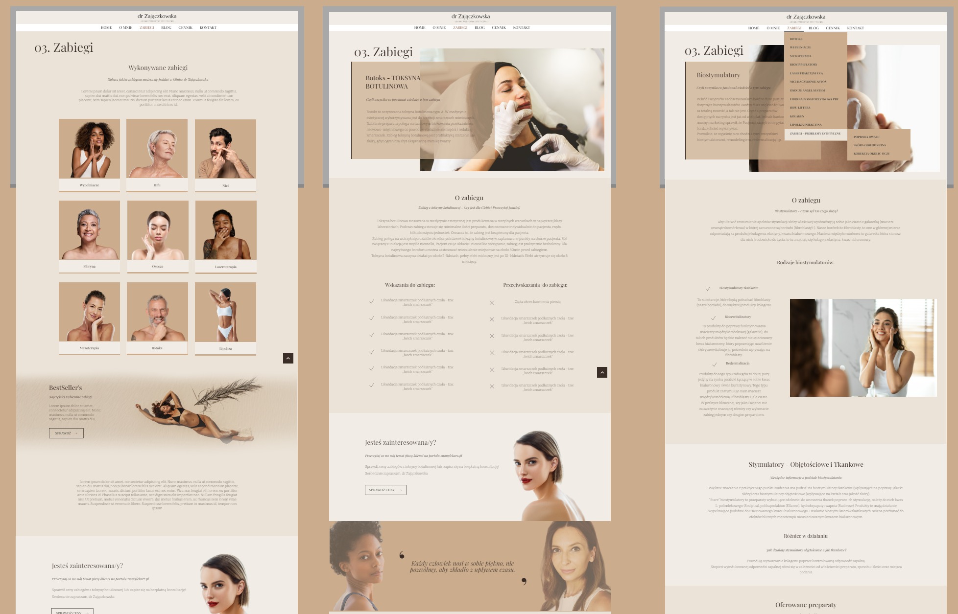 Projekt strony internetowej kliniki medycyny estetycznej dr Zajączkowskiej, prezentujący zabiegi botoksu, biostymulatory i inne procedury kosmetyczne. Układ strony zawiera sekcje z opisami zabiegów...