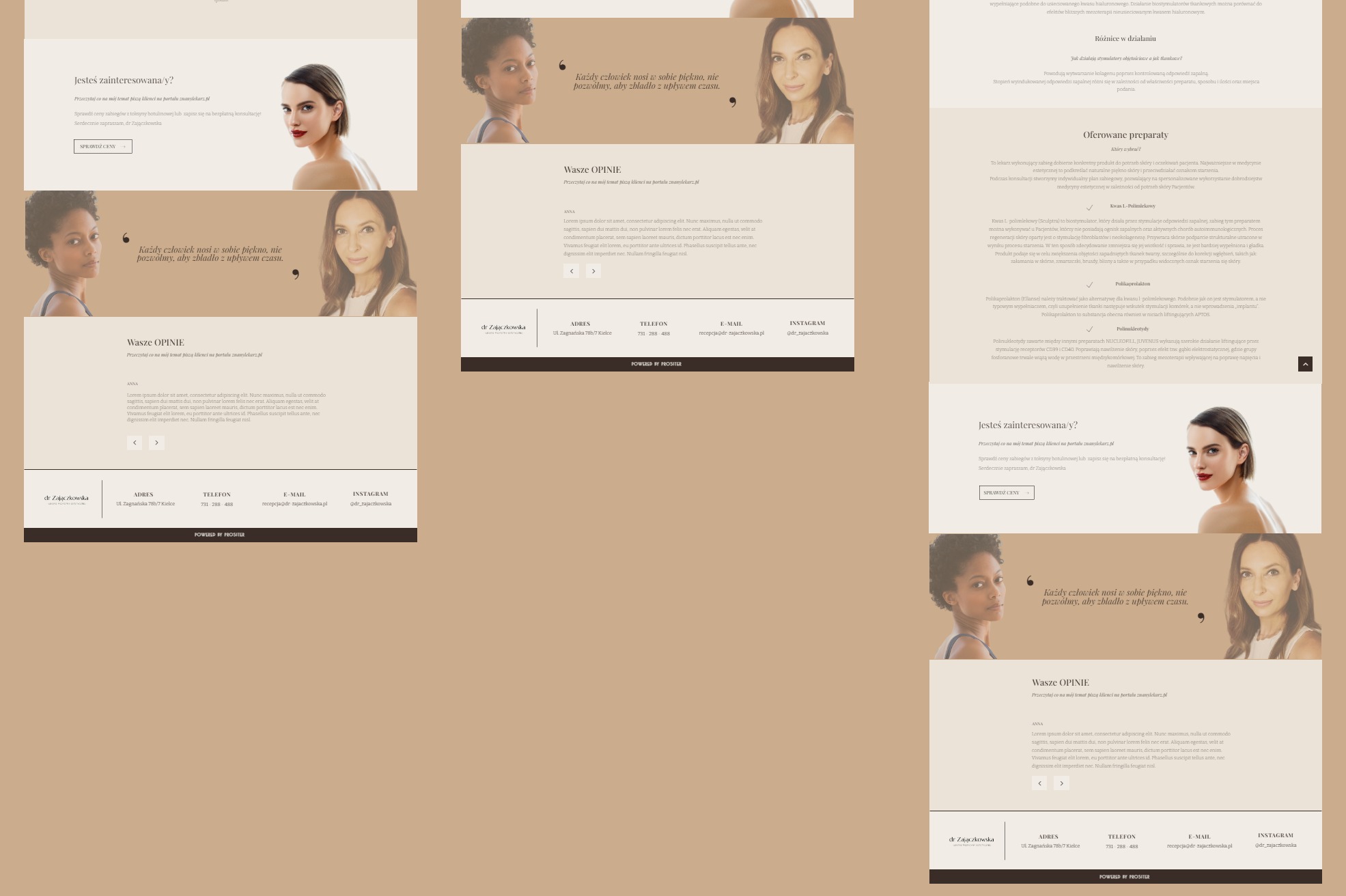Odświeżona strona internetowa dr Zajączkowskiej z elementami UX/UI, prezentująca ofertę zabiegów medycyny estetycznej i opinie pacjentów, z wykorzystaniem fotografii portretowych modelek.
