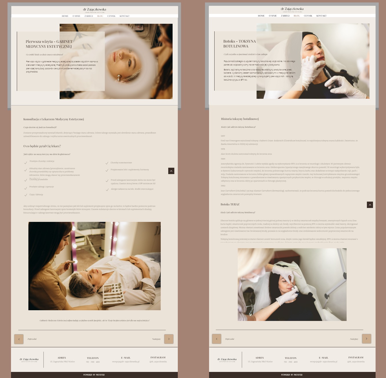 Projekt strony internetowej gabinetu medycyny estetycznej dr Zajączkowska, prezentujący różne zabiegi, w tym botoks i konsultacje lekarskie, z widocznym układem strony, nawigacją i treścią.