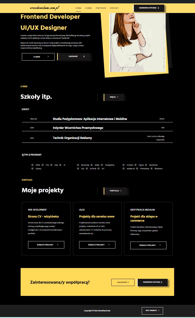 Responsywna strona internetowa orzechowskam.com.pl z portfolio Frontend Developera i UI/UX Designera, prezentująca umiejętności, edukację i projekty, z elementami interaktywnymi i formularzem...