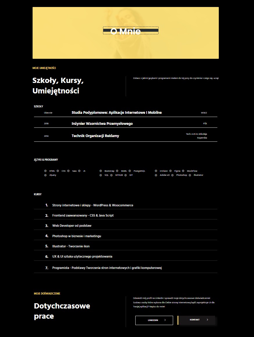 Fragment portfolio online z listą umiejętności, kursów i doświadczenia, z nazwami programów i języków programowania.