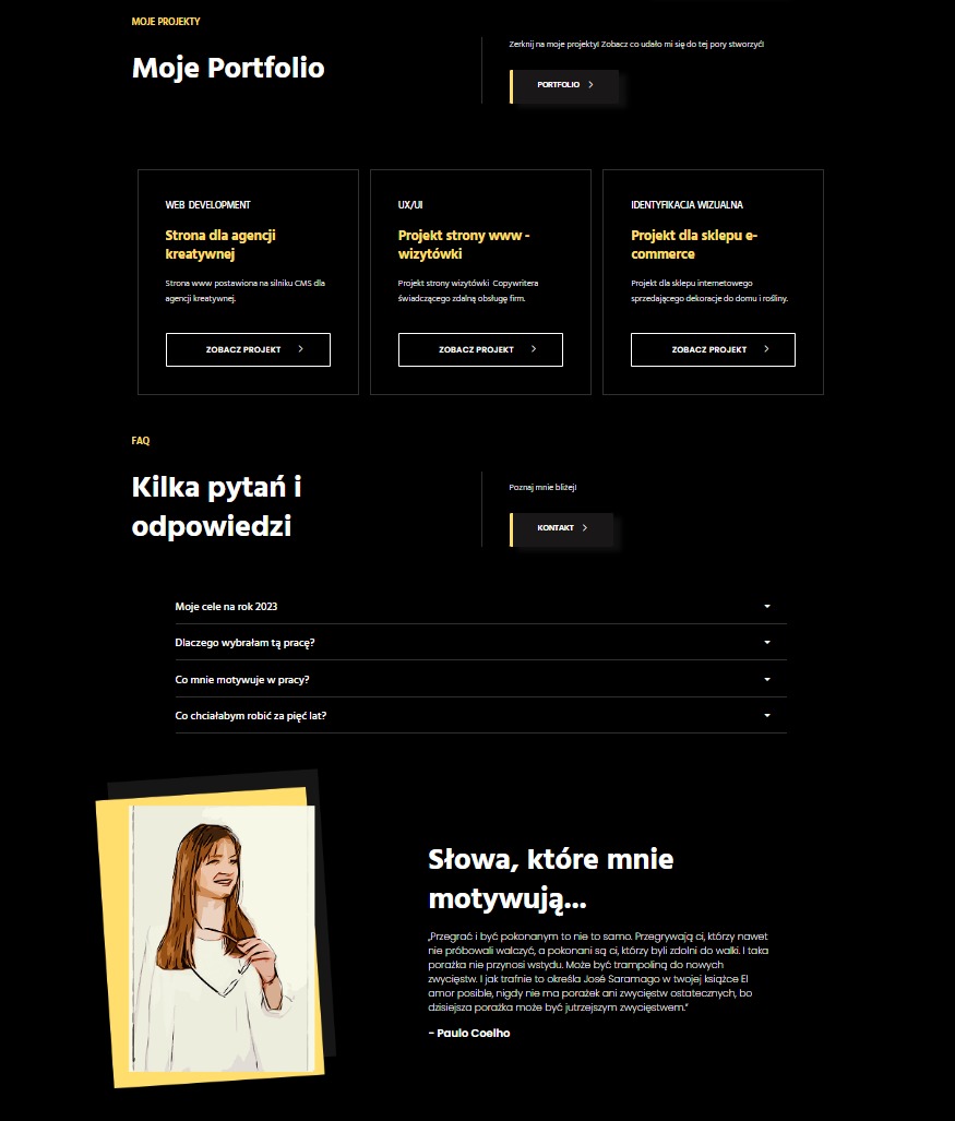 Portfolio online z przykładami projektów stron internetowych i identyfikacji wizualnej, w tym strony dla agencji kreatywnej i sklepu e-commerce, z dodatkową sekcją pytań i odpowiedzi...