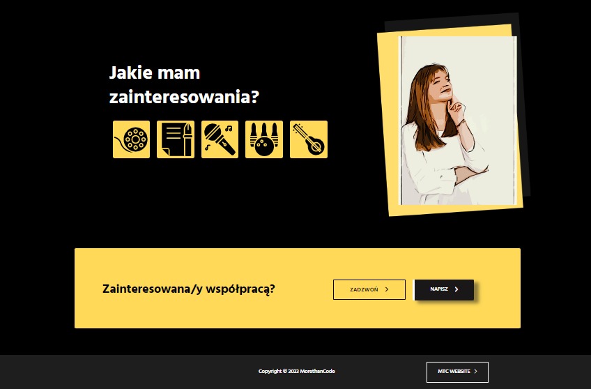 Projekt strony internetowej orzechowskam.com.pl z ilustracją kobiety w stylu szkicu, sekcja prezentująca zainteresowania za pomocą ikon film, notatnik, mikrofon, bowling, gitara.