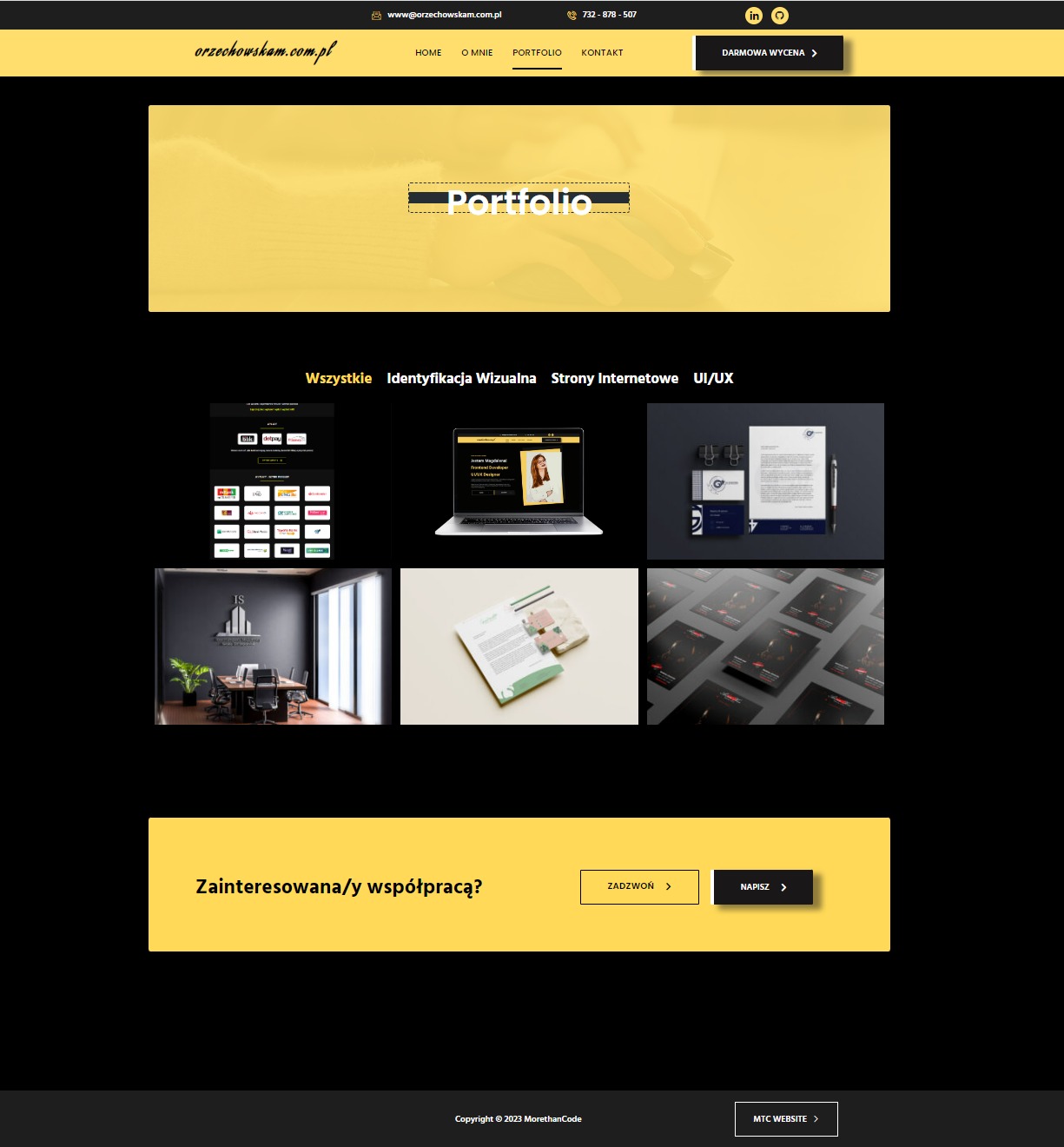 Portfolio strony internetowej orzechowskam.com.pl prezentujące projekty identyfikacji wizualnej, stron internetowych i UI/UX z nagłówkiem 'Portfolio' na żółtym tle.