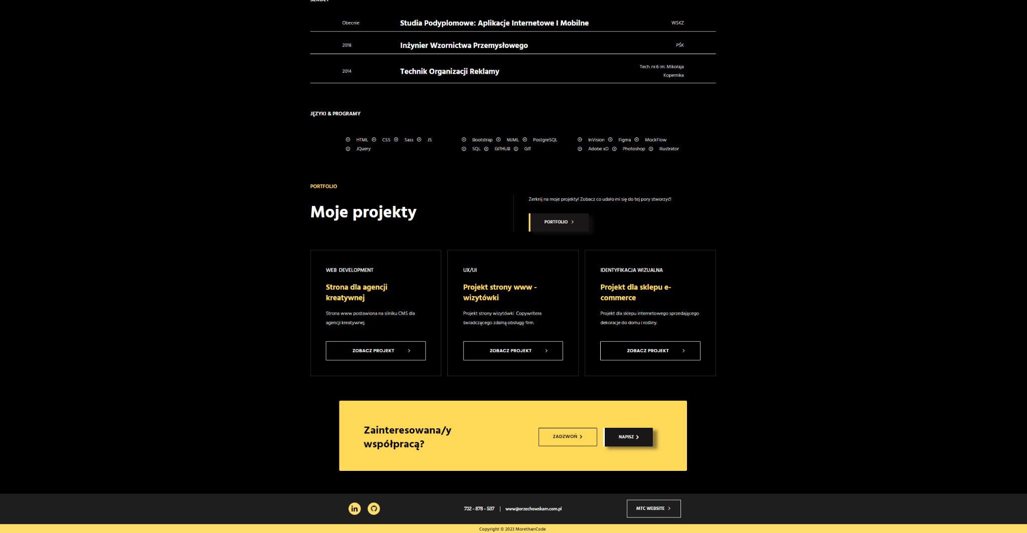Portfolio projektów na stronie internetowej orzechowskam.com.pl, prezentujące realizacje stron dla agencji kreatywnej, wizytówek i sklepu e-commerce, z wykorzystaniem języków programowania...
