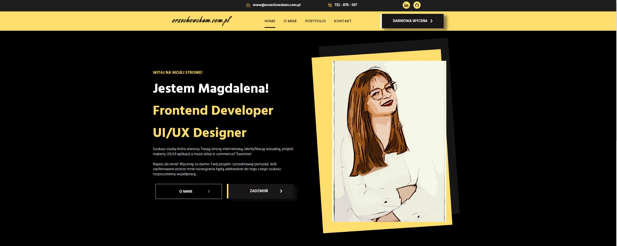 Strona internetowa orzechowskam.com.pl z nagłówkiem, menu i sekcją powitalną, prezentująca Frontend Developera i UI/UX Designera, z portretem kobiety w okularach.