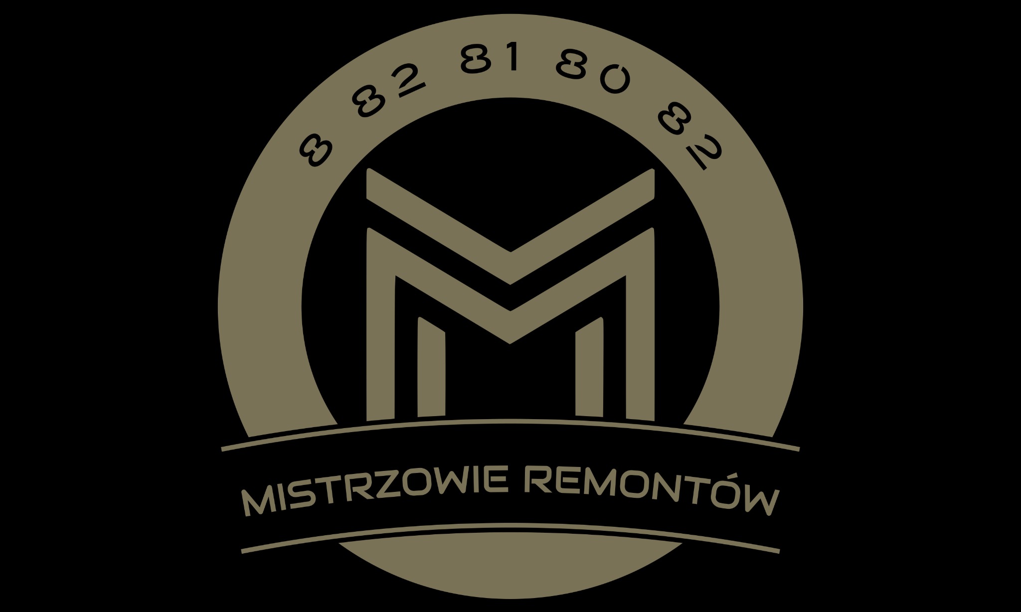 Logo firmy remontowej w odcieniach brązu na czarnym tle. Zawiera stylizowaną literę M w okręgu z numerami i napis 'Mistrzowie Remontów'.