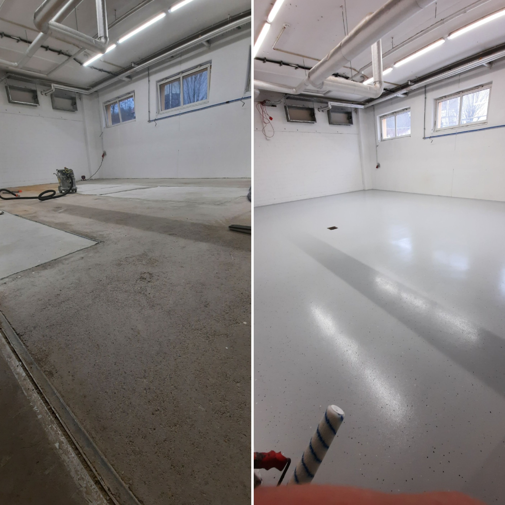 Porównanie stanu podłogi w hali przemysłowej przed i po nałożeniu szarej, błyszczącej powłoki z drobnymi, ciemnymi inkluzjami. Po lewej stronie widoczny surowy beton, szlifierka i odkurzacz...