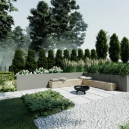 Wizualizacja ogrodu z nowoczesnym miejscem do siedzenia: drewniane ławki z poduszkami, palenisko, biały żwir i roślinność w betonowych donicach.