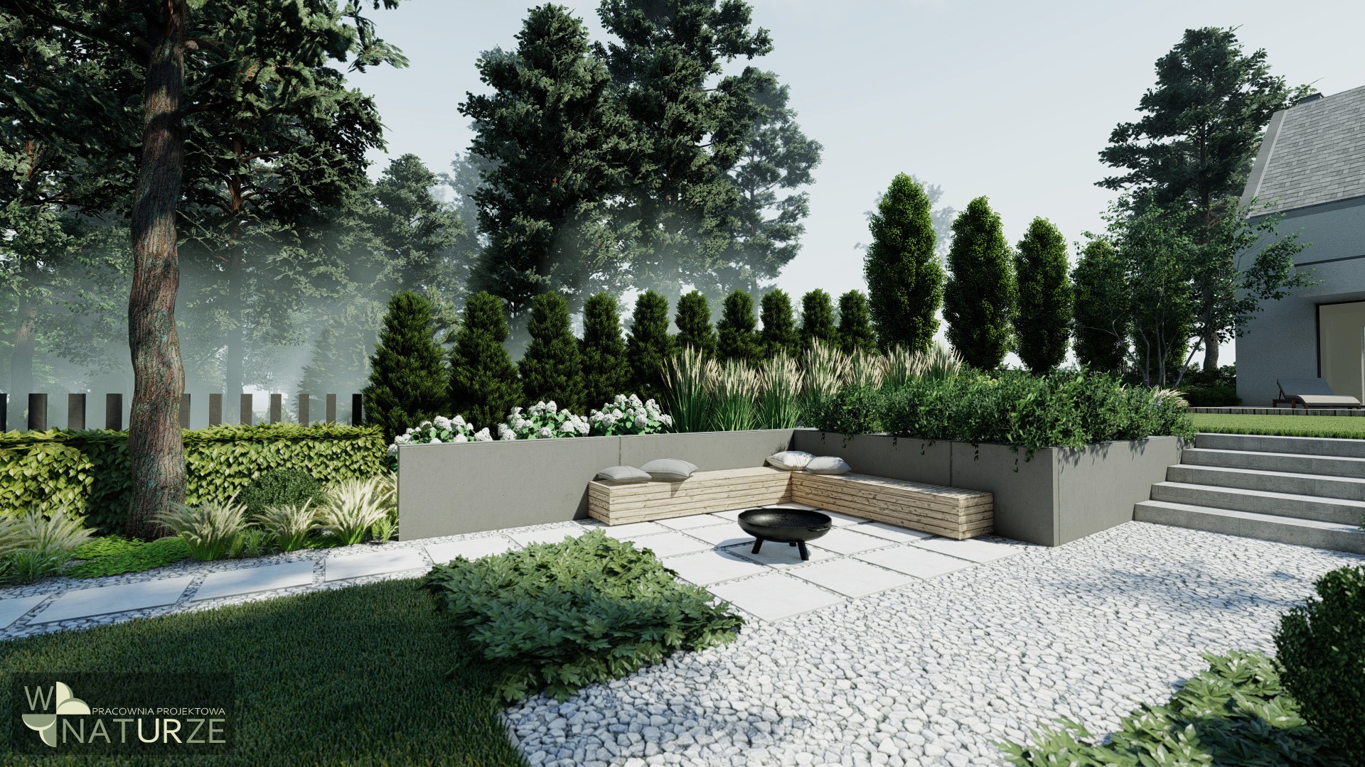 Wizualizacja ogrodu z nowoczesnym miejscem do siedzenia: drewniane ławki z poduszkami, palenisko, biały żwir i roślinność w betonowych donicach.