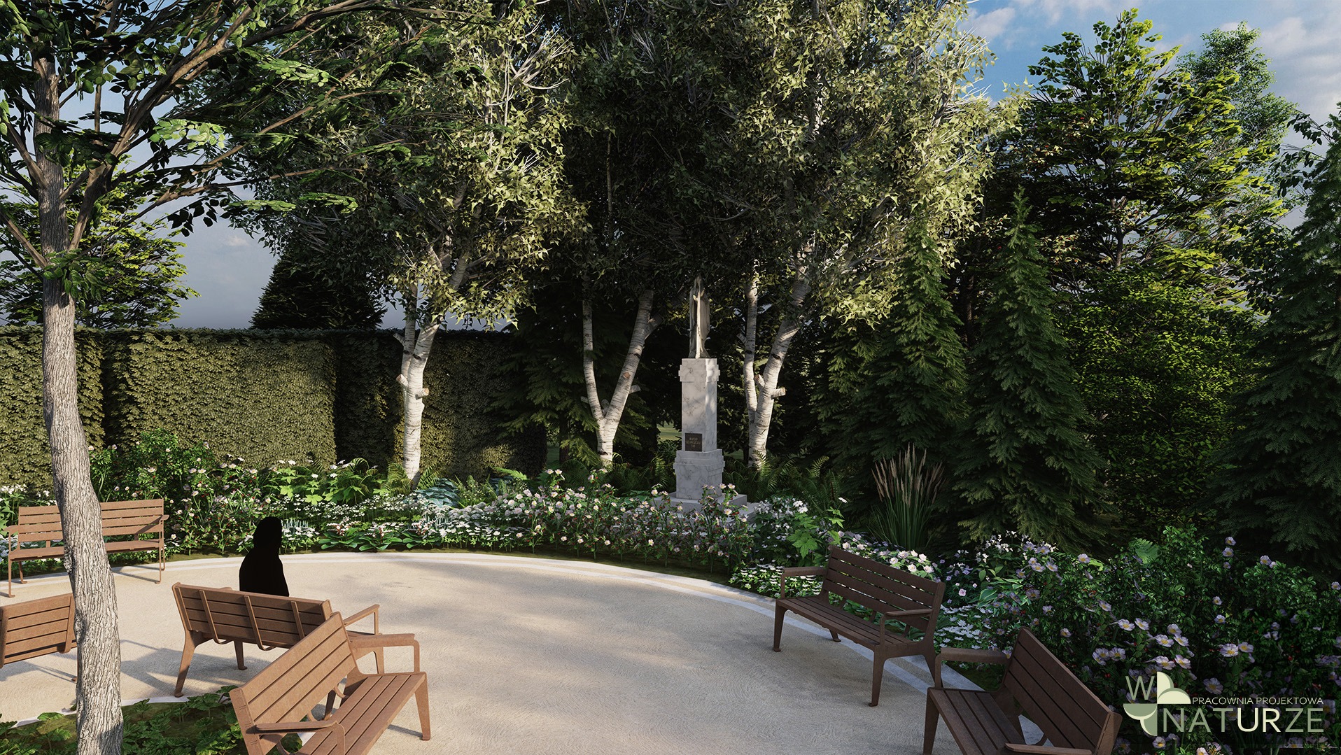 Projekt ogrodu z centralnie umieszczonym pomnikiem otoczonym białymi kwiatami, ławkami i różnorodną roślinnością, w tle wysoki żywopłot.