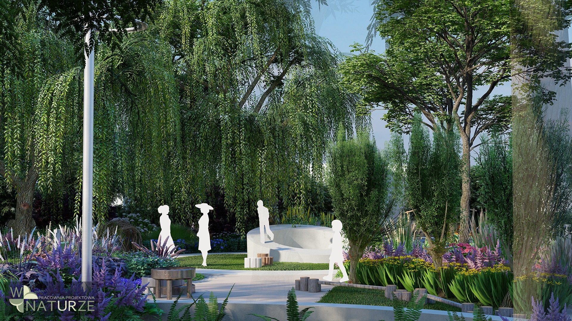 Wizualizacja ogrodu z płaczącą wierzbą, rabatami kwiatowymi w odcieniach fioletu i żółci, minimalistyczną betonową ławką oraz stylizowanymi sylwetkami postaci.