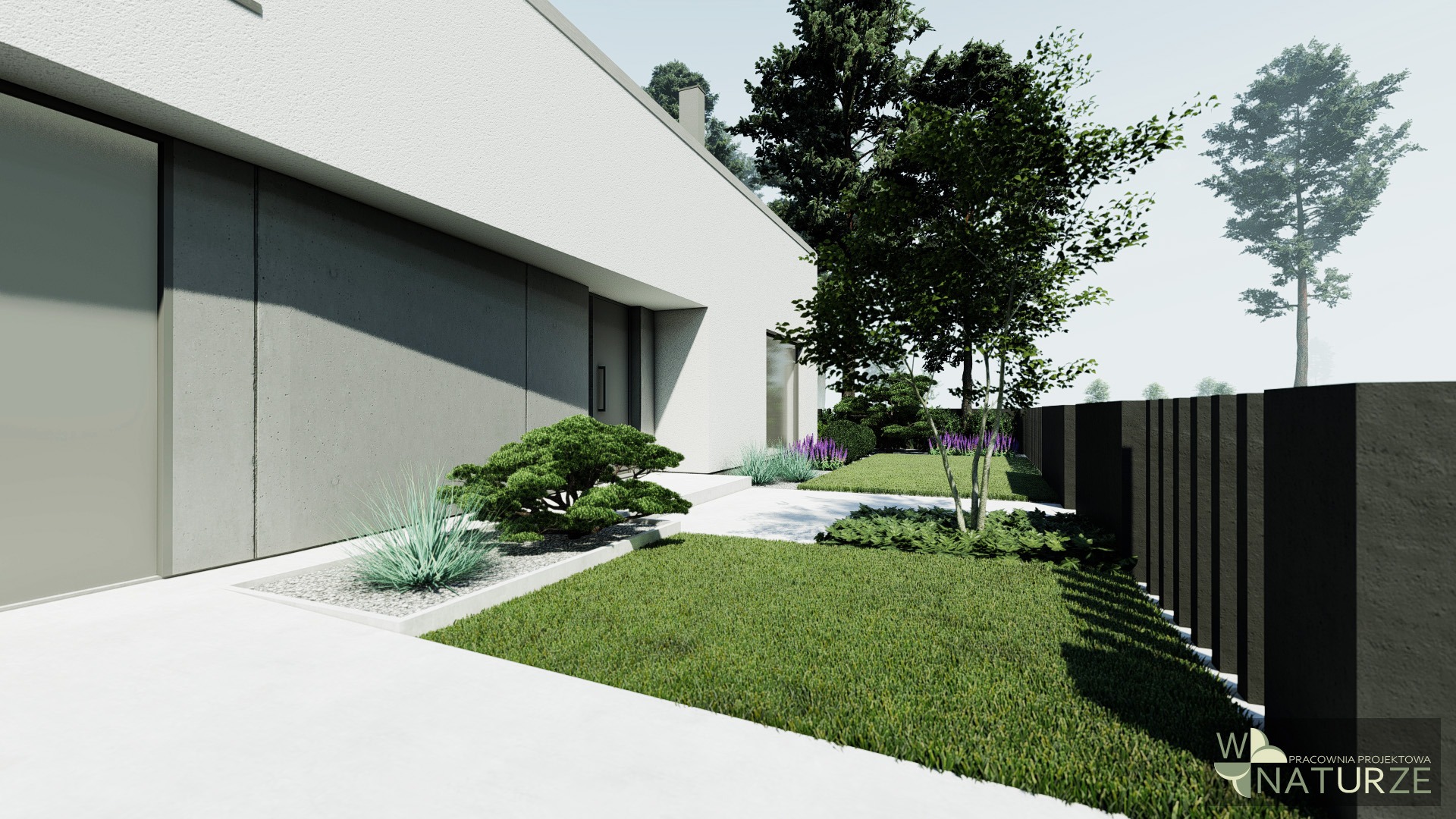 Wizualizacja nowoczesnego ogrodu z minimalistycznym domem, strzyżonym trawnikiem, ozdobnymi krzewami i wysokim, ciemnym ogrodzeniem z betonu architektonicznego.