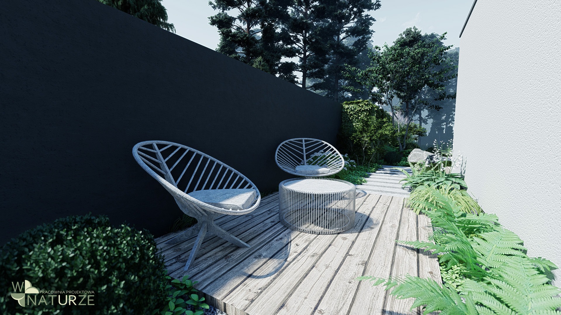 Wizualizacja nowoczesnego tarasu z drewnianą podłogą, dwoma ażurowymi fotelami i okrągłym stolikiem, otoczonego zielenią i czarną ścianą, z logo firmy w lewym dolnym rogu.