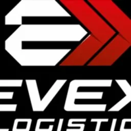 Logo firmy transportowej EVEX Logistic na czarnym tle, z elementami graficznymi w kolorze białym i czerwonym.