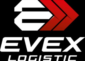 Logo firmy transportowej EVEX Logistic na czarnym tle, z elementami graficznymi w kolorze białym i czerwonym.