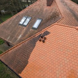 Grzegorz Gańczak - Częściowo wyczyszczony dach z dachówki karpiówki, widoczne okna dachowe i komin. Połowa dachu pokryta ciemnym nalotem, druga połowa czysta, w kolorze ceglastym.