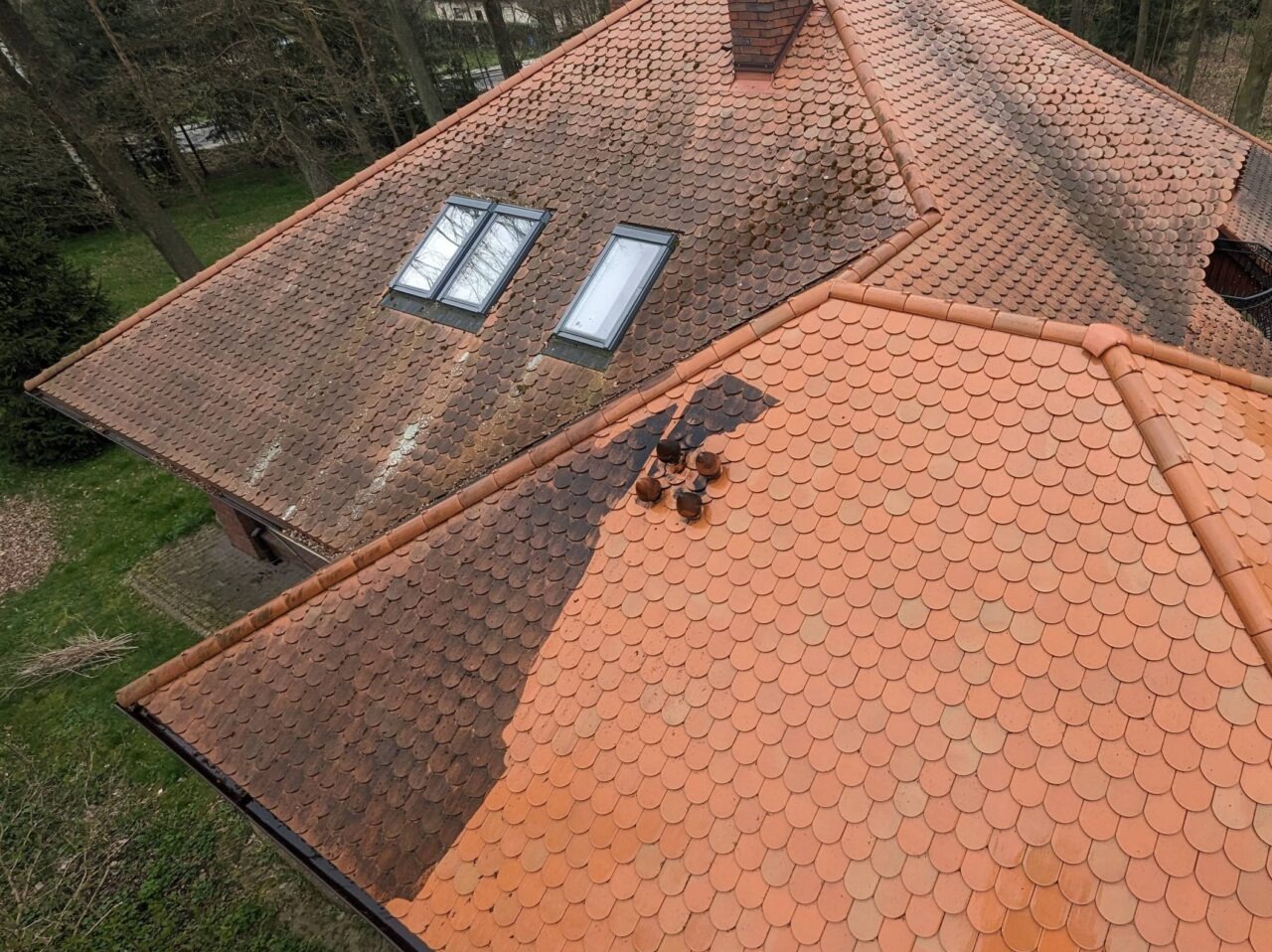Częściowo wyczyszczony dach z dachówki karpiówki, widoczne okna dachowe i komin. Połowa dachu pokryta ciemnym nalotem, druga połowa czysta, w kolorze ceglastym.