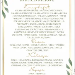 Eleganckie menu okolicznościowe w złotej ramce z motywem roślinnym, prezentujące bogaty wyb&oacute;r dań na zimny bufet, deser, kolację i napoje.